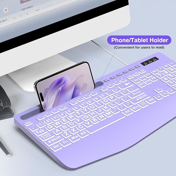SABLUTE K21Pro Large Print Backlit Computer Keyboards, Wired Lighted USB Keyboards with 7-Color Backlit, Wrist Rest, Phone Holder, Easy to Read and Type for Laptop, PC, Windows, Desktop (Purple)