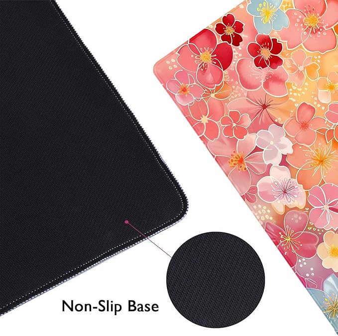 Colorful Flowers Large Mouse Pad Mat, Pink Blue Yellow and Green Pattern Desk Mat, Watercolor Beautiful Floral Computer Desk Pads for Office, Non-Slip Laptop Computer Pad, 31.5x11.8 in