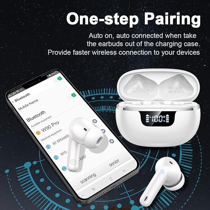 Wireless Earbuds Bluetooth Headphones Noise Cancelling, Bluetooth 5.4 Ear bud with Dynamic Drivers Stereo, 40H Playtime Sports Earphones Wireless Waterproof with LED Power Display for Laptop Pad Phone