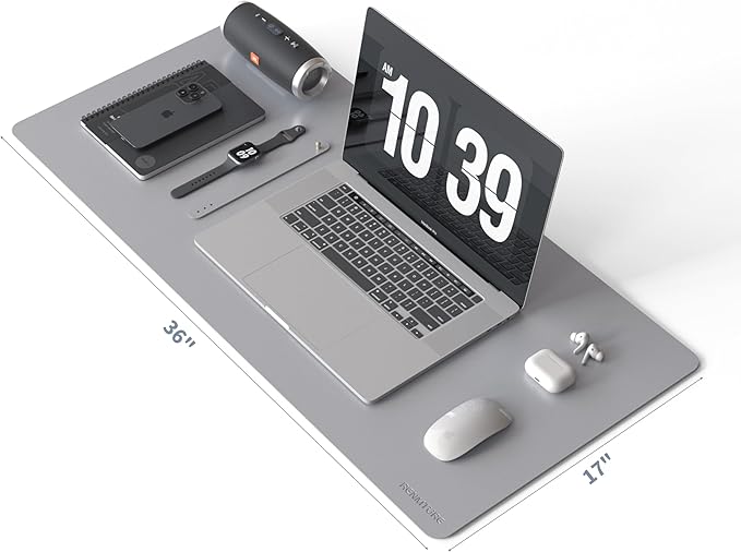 RENMTURE PU Mouse Pad, Faux Leather Large Desk Pad, Home Work Office Accessories, Non-Slip Desk Mat, Waterproof Gaming Pad Desk Blotter (36"x17", Gray)
