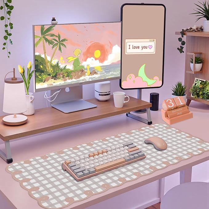 Cute Pink Scalloped Desk Mat Kawaii Pastel Retro Checkered Large Mouse Pad Boho Aesthetic Vintage Stitched Nonslip Pad Office Girl Women Desk Decor Computer Keyboard & Mouse 31 * 15.7in