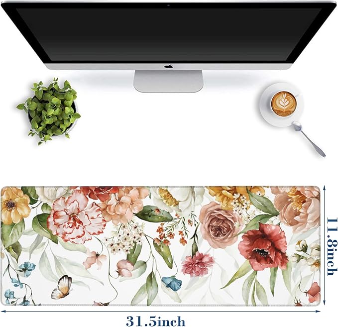 Large Mouse Pad Watercolor Flowers with Butterfly Extended Gaming Mousepad Waterproof Desk Pad with Non-Slip Base and Stitched Edge 11.8 x 31.5 Inch Keyboard Mouse Mat for Home Office Decor