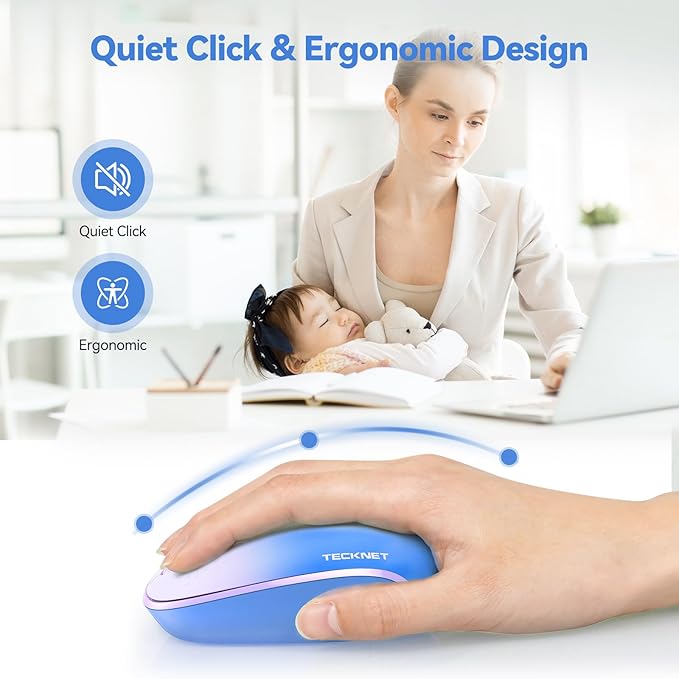 TECKNET Wireless Mouse, 2.4G Quiet Computer Mouse with USB Receiver, 4 Buttons Portable Cordless Mice for Chromebook, Laptop, PC, Mac, 800/1200/1600 DPI - Blue-Purple Gradient