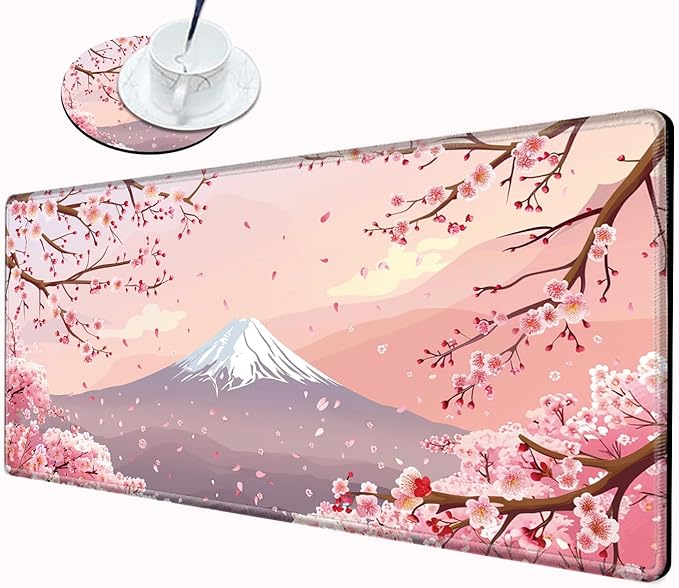 Gaming Mouse Pad Large Mousepad Cherry Blossom Desk Mat XXL Big Desk Pad 31.5x15.75 Rubber Base Pink Sakura Computer Pad with Stitched Edges Mouse Mat for Work Home Office