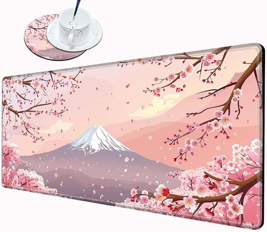Gaming Mouse Pad Large Mousepad Cherry Blossom Desk Mat XXL Big Desk Pad 31.5x15.75 Rubber Base Pink Sakura Computer Pad with Stitched Edges Mouse Mat for Work Home Office