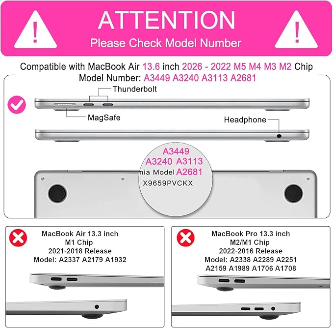 B BELK Compatible with MacBook Air 13.6 inch Case M5 2026 2025 2024 2023 2022 M4 M3 M2 A3449 A3240 A3113 A2681 Liquid Retina Display, Plastic Hard Shell Case+Keyboard Cover+Screen Protector, Hot Pink