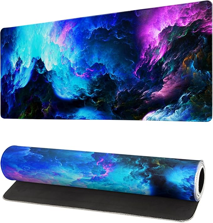 Dazzling Galaxy Gaming Mouse Pad 27.6x11.8 Inch Blue Purple Galaxy Nebula Universe Space Large Mousepad Non-Slip Rubber Base Stitched Edges Keyboard Mouse Mat Desk Pad for Office Home and Game