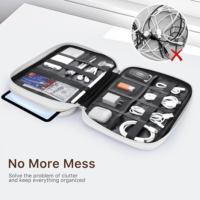 Dadanism Electronics Travel Organizer Case, Double Layers Cord Organizer Travel All-in-One Storage Bag for Cable, Cord, iPad, Chargers, fits 9-11'' Tablets, Portable Tech Accessories Bag, Gray White