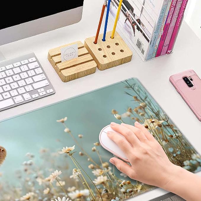 Flower and Little Cow XL Mouse Pad,Large Mouse Pad Gaming 31.5 x 11.8 in Mouse Mat Desk Pad,Extended Keyboard Mousepad Large Desk Mat with Non-Slip Rubber Base and Stitched Edge for Home Office