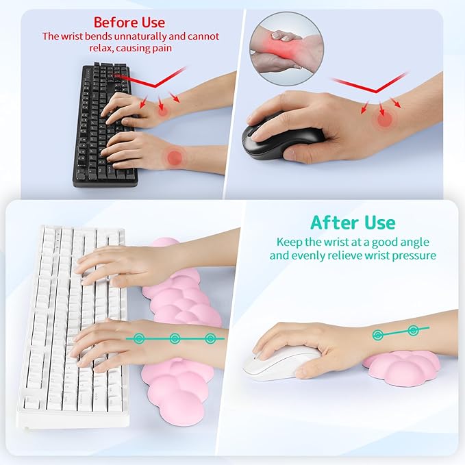 Sushret Cloud Wrist Rest for Keyboard and Mouse, Memory Foam PU Leather Keyboard Wrist Rest with Ergonomic Support, Non-Slip Base, Cute Arm Rest Pad & Palm Cushion, Office Desk Accessory, Pink