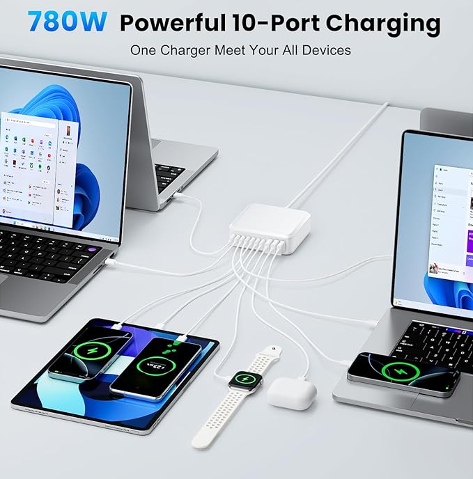 780W USB C Charger Block Fast 10-Port USB C Charging Station GaN PD 120W Laptop Charger Adapter for MacBook Pro/Air, DELL, iPad, iPhone, Samsung Galaxy White