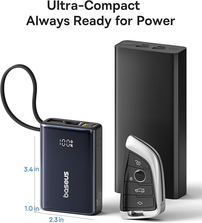 Baseus Power Bank, Picogo 10000mAh 45W 3-Output Portable Charger with Built-in USB-C Cable, PPS/PD QC Fast Charging External Battery Pack for iPhone 17/16/15/14/13, Samsung S25/S24, MacBook Pro, iPad