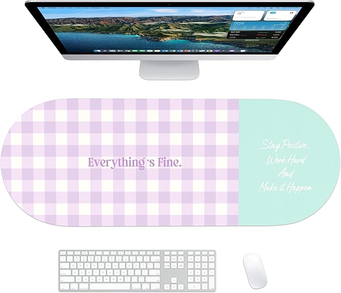 Checkered Pattern Desk Pad Protector, 35.5 x 13'' Aesthetic Mouse Mat for Desktop, Waterproof PU Leathe Non-Slip Desk Writing Pad for Office and Home, Purple and Blue