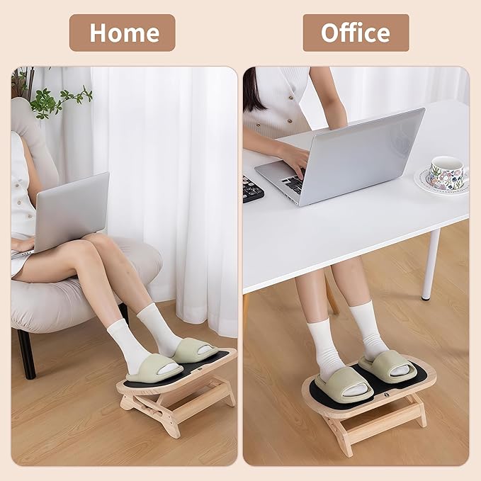 Wood Adjustable Under Desk Footrest - Ergonomic Foot Rest with 4-Level Height/Angle, Non-Slip Surface - Improves Posture & Circulation for Home Office(Natural Wood)