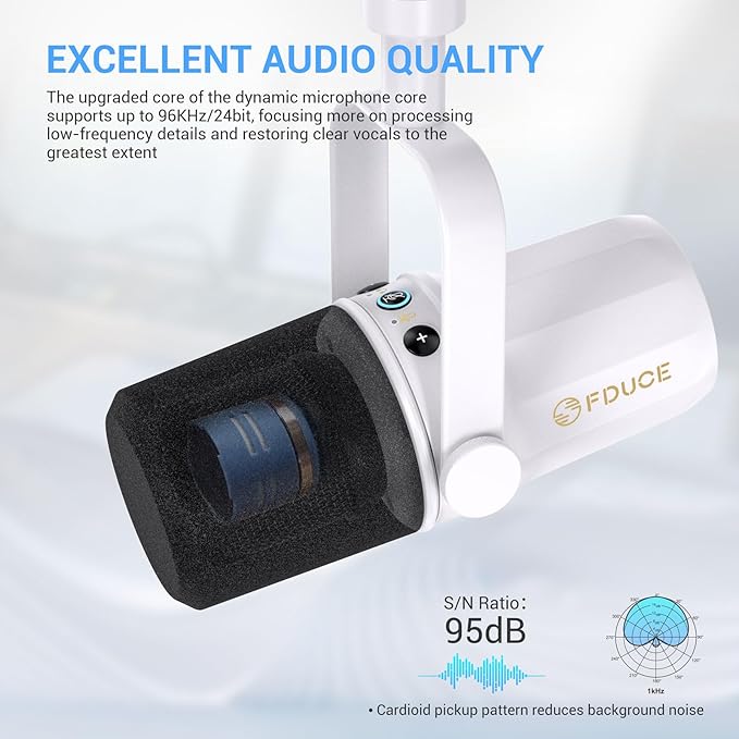 FDUCE SL40 Dynamic Microphone for Podcasting, Gaming, Live Streaming and Recording, Built-in Headphone Output, LED Mute Button, All-Metal USB/XLR, Voice Isolation Technology (White)