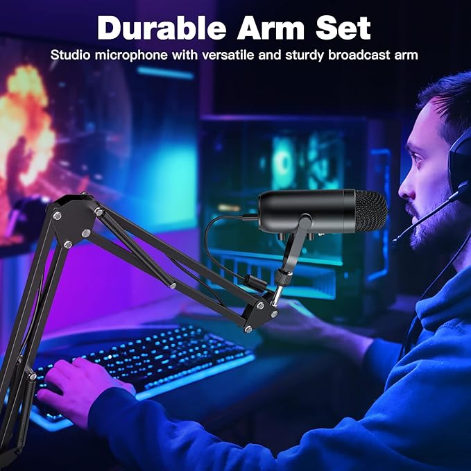 ZealSound Gaming Microphone for PC, USB Podcast Microphone with Noise Reduction, Mute & Gain Control, Zero-Latency Monitoring, Echo Control, Boom Arm, for Mac, iPhone, Stream, YouTube, TikTok, Discord