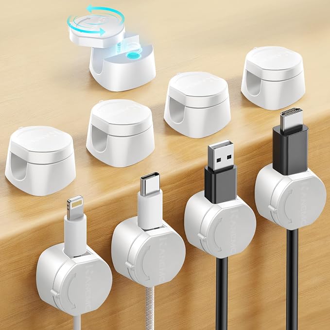 Kanemc Cable Clips Cord Holder for Desk, 360?? Spin Magnetic Wire Organizer Self Adhesive Cord Management for Office Desks Cars Home Kitchen Electronic Accessory (White, 9 PCS) by Kanemc