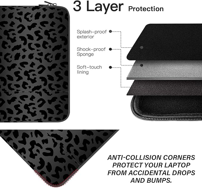 13-14 Inch Laptop Sleeve Bag with Pocket, Water Resistant Case Compatible with MacBook Air/Pro 13,MacBook Neo 13,iPad Pro 12.9,Surface,Dell,HP,Chromebook(Black Leopard Print)
