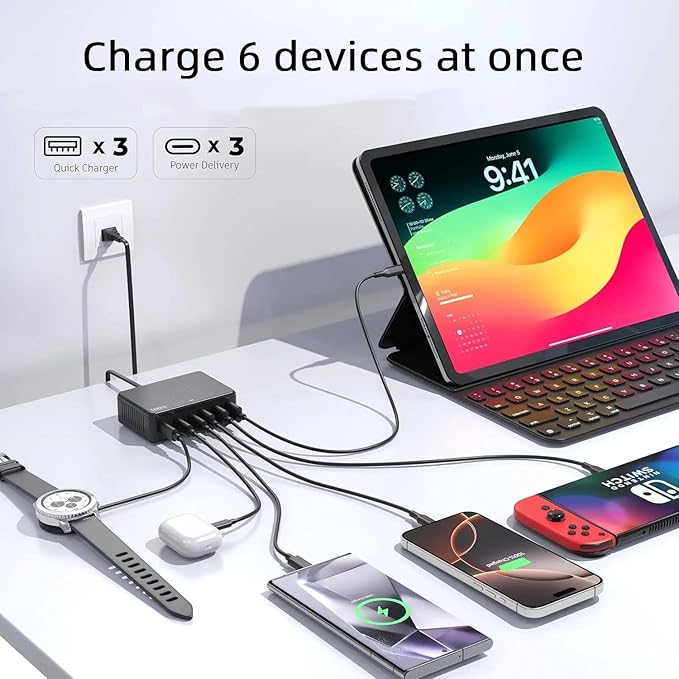 USB C Fast Charger Block, 100W GaN 6 Port PD USB C Wall Charging Station Hub, Type C Power Adapter Plug Cube Brick Box for Apple iPhone 17 16 15 14 13 12 Pro Max,iPad, MacBook Pro/Air/, Samsung Galaxy
