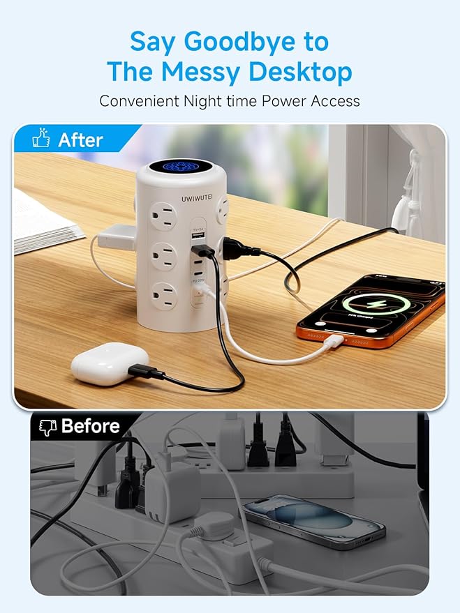 Tower Power Strip with 1 Dedicated PD 20W Fast-Charging Port, 12 Outlets, 5 USB Ports (3 USB-C), 1800J Protector, Desk Charging Station for Multiple Devices, 6FT Extension Cord, Home Office Essentials