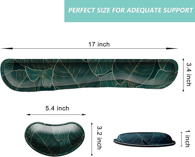 Keyboard Wrist Rest Mouse Wrist Support Set, Memory Foam Wrist Rest Pad for Computer Laptop Keyboard Mouse, Ergonomic Wrist Cushion Support for Typing Pain Relief, Gaming Home Office, Green Leaves