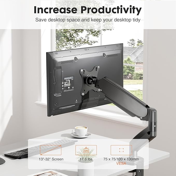Simple Deluxe Single Monitor Arm, 13" to 32" Adjustable Desk Monitor Stand Mount, Black