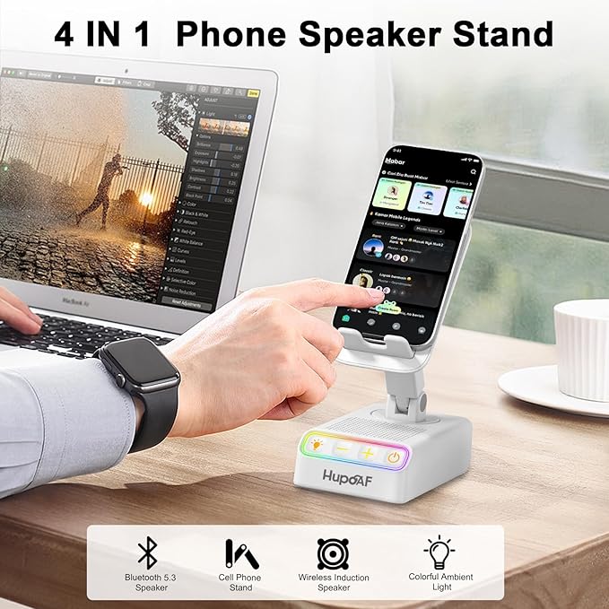 Adjustable Cell Phone Stand with Wireless Induction Bluetooth Speaker, HD Surround Sound for Home and Outdoors, Compatible with iPhone/Samsung Galaxy, 2026 Birthday Gifts for Men Women Dad Mom