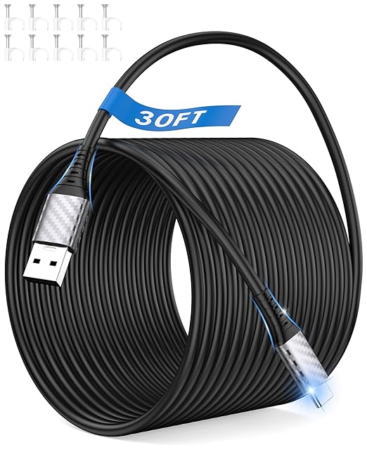 30ft Long USB C Cable to USB A 10W 12W 18W 20W Heavy-Duty Power Extension Cord USBA to USBC Charging for Samsung/Galaxy Note 20 Ultra for Tapo/TP-Link/Xiaomi/Mi/eufy Security CCTV Camera Black