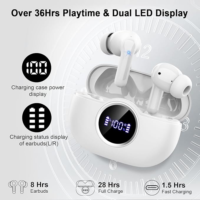 Wireless Headphones, 2026 3D-Stereo Bluetooth 5.4 Earbuds Bass Ear Bud, 4 ENC Noise Cancelling Mic, 40+Hrs USB-C Earphone in-Ear, IP-X7 Waterproof Headset Sport Workout for Laptop Pad Android iOS