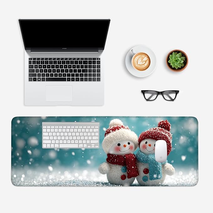 Mouse Pad, Large Anti-Slip with Stitched Edges Desk Mat Desktop Laptop Computer Desk Keyboard Mat,Table Protector Blotter Mat (Two Snowman, 31.5" x 11.8")