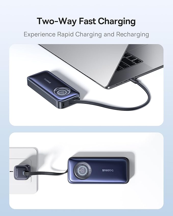 Baseus Enercore Power Bank, 20000mAh Fast Charging Portable Charger Built-in 67W Retractable USB-C Cable, Battery Pack for Laptop, iPhone 16/15 Series, Samsung, MacBook, Drone, Outing/Travel Essential