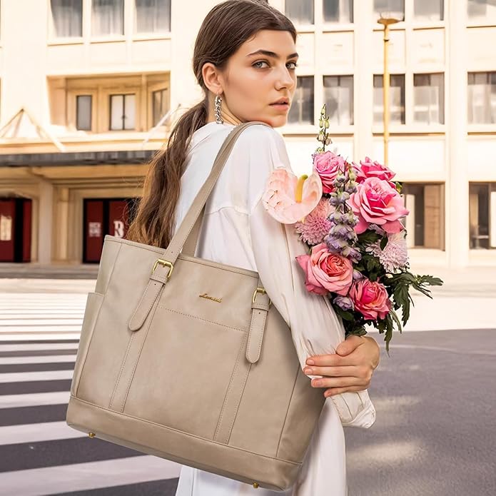 LOVEVOOK Laptop Tote Bag for Women,Vintage Leather Work Tote Bag for Women Computer Briefcase Bag,Waterproof Teacher Business