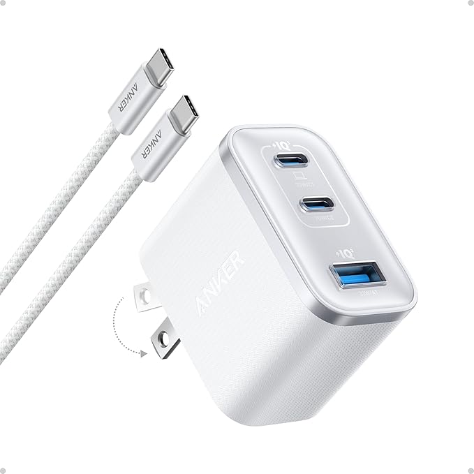 Anker Nano Charger, Ultra-Fast 70W Output 3-Port USB C Charger Block, Fast Charging, Compact and Stylish, for iPhone 17/16 Series, MacBook, iPad, Pixel, Galaxy, and More(White, Cable Included)