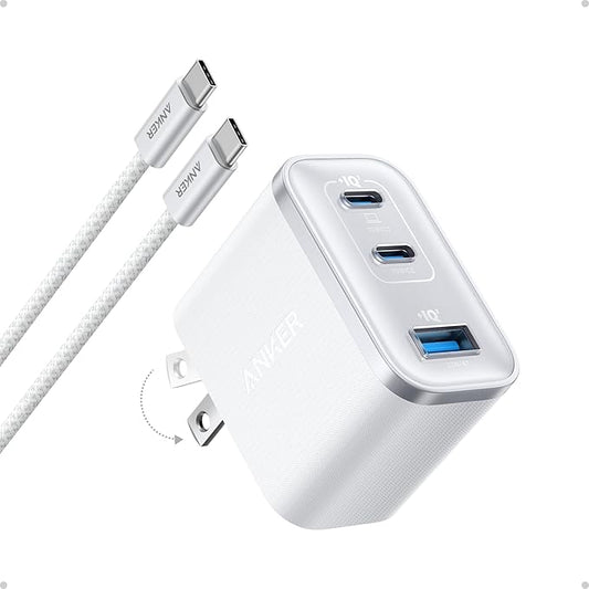 Anker Nano Charger, Ultra-Fast 70W Output 3-Port USB C Charger Block, Fast Charging, Compact and Stylish, for iPhone 17/16 Series, MacBook, iPad, Pixel, Galaxy, and More(White, Cable Included)