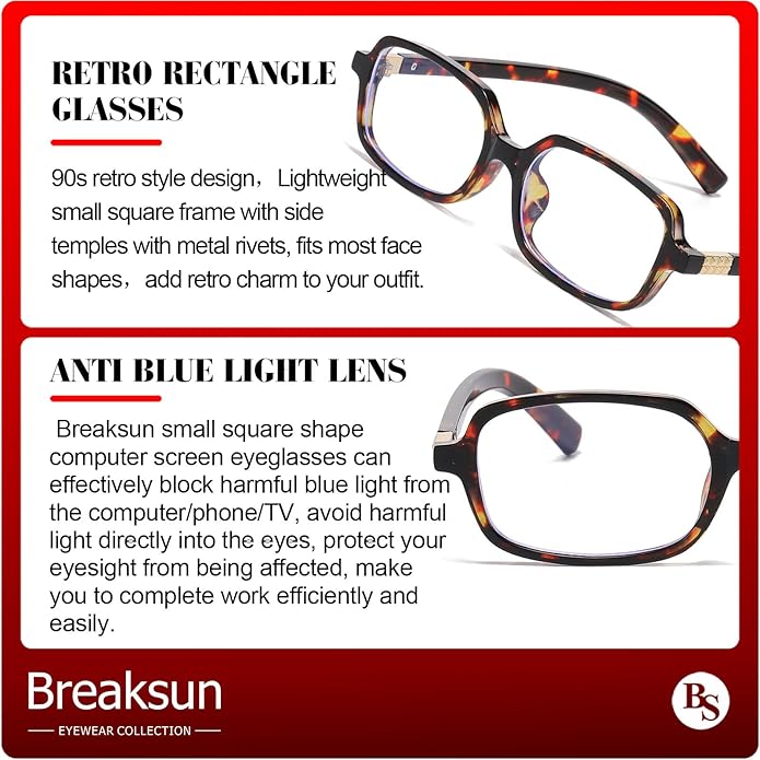 Breaksun Retro Rectangle Glasses for Women Men Small Square Blue Light Blocking Glasses Vintage Eyeglasses