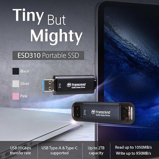 Transcend ESD310 512GB External SSD, Up to 1,050MB/s, Dual USB Flash Drive for iPhone/iPad/Mac/Windows/Android/Tablet/PC, USB3.2Gen2 Thumb Drive Photo Stick, 2-in-1 Type C &Type A Memory Stick-Silver - Image 2