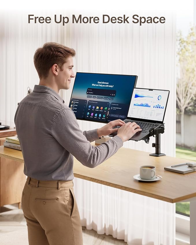 monTEK 2-in-1 Monitor Mount and Laptop Stand for Desk, Ergonomic Height Adjustable Monitor Arm Fit up to 32 inch Screen and 17 inch Laptop, Hold up to 22lbs Weight, C-Clamp and Grommet
