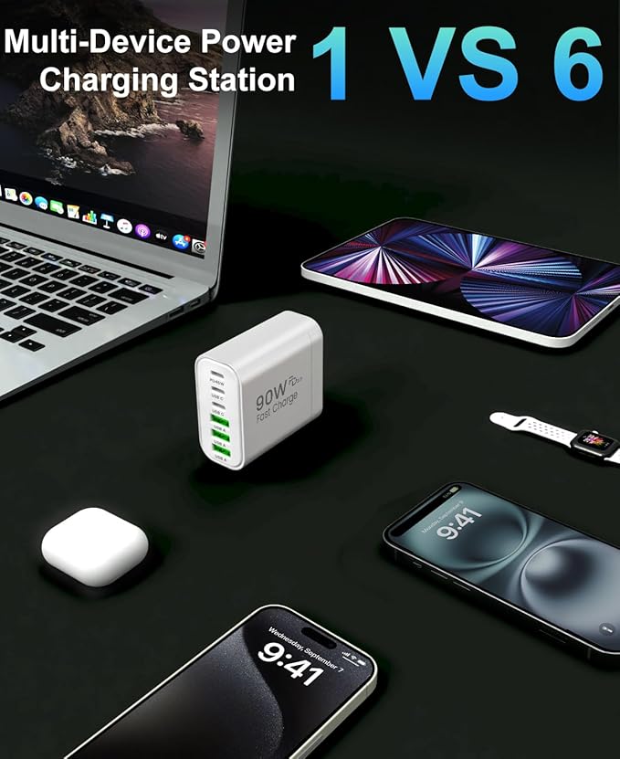 90W GaN USB C Charger Block [2 Pack],6-Port USB C Wall Charger Fast Charging 45W PD Power Adapter for MacBook Air/iPad Pro/iPhone 17Pro Max/Samsung Galaxy S24 Ultra/Tabs for Home Travel