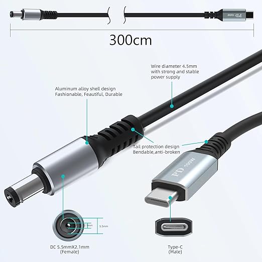 USB C to DC 5.5mm x 2.1mm Power Charging Cord for Laptop (5521), USB Type C Input to DC 20V Output Power Charging Cable, Work with PD Charger and PD Power Bank. Output 20V 5A Max. (9.9FT)