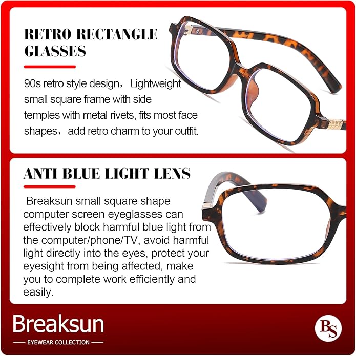 Breaksun Retro Rectangle Glasses for Women Men Small Square Blue Light Blocking Glasses Vintage Eyeglasses