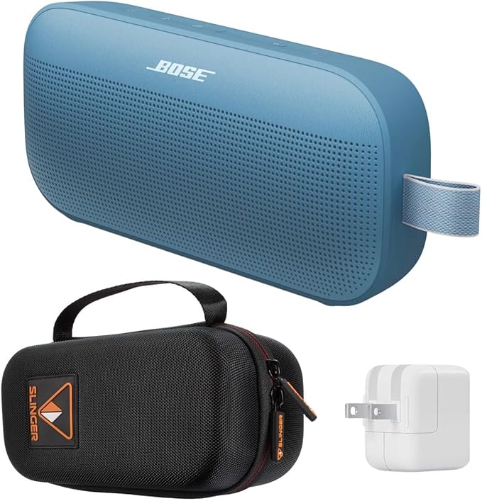 Bose SoundLink Flex Portable Bluetooth Speaker (2nd Gen), Outdoor Speaker with Hi-Fi Audio, Up to 12 Hours Battery, Waterproof and Dustproof, with Slinger Hard Travel Case & USB Plug (Blue Dusk)
