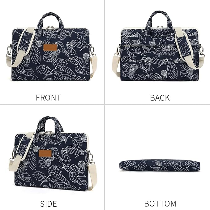 canvaslife Patten Waterproof Laptop Shoulder Messenger Bag Case Sleeve for 14 Inch 15 Inch Laptop Briefcase 15.6 Inch (Blue leaves)