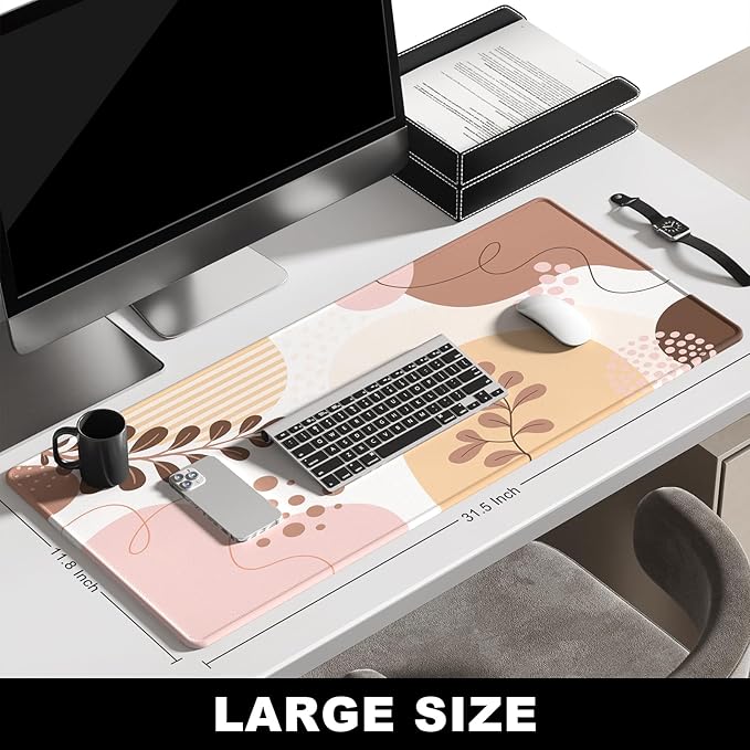 BOSOBO Large Desk Pad, XXL Extended Gaming Mouse Pad & Keyboard Mat, Desktop Full Cover 31.5 x 11.8 Inches, Boho Pink Abstract Flower