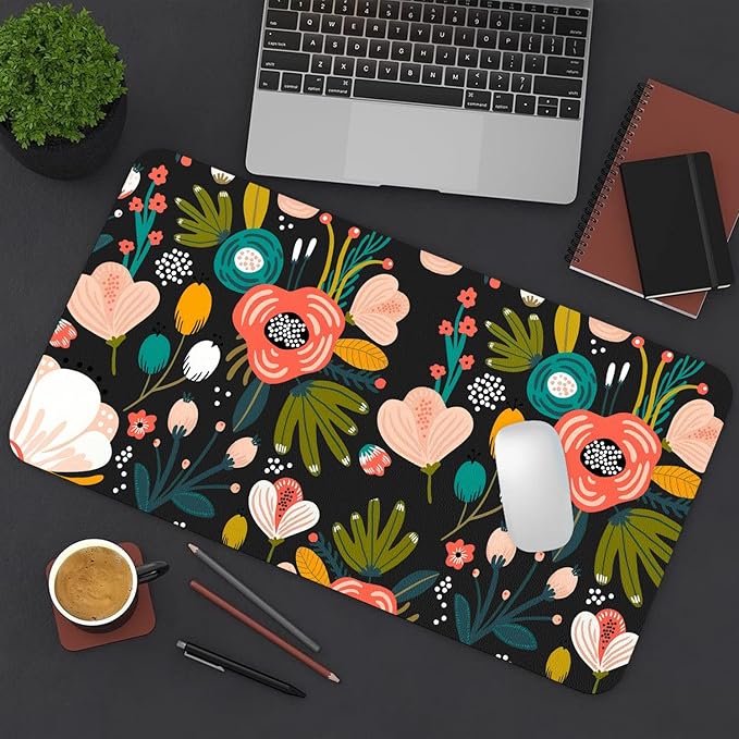 Desk Mat Large Protector Pad 23.6" ×11.8", Non-Slip PU Leather Desk Blotter, Waterproof Mouse Pad for Office Home Black Floral