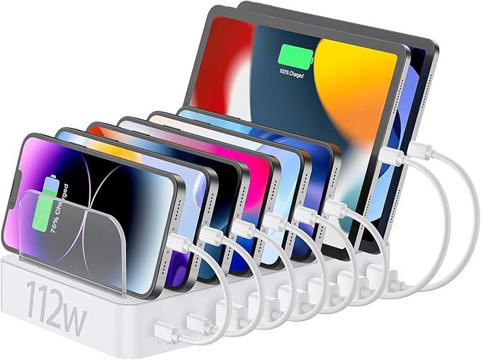 Unitek 8 Port USB C Charging Station - 2X 20W PD USB-C & 6 USB-A Ports Multi Device Charger Dock for iPad, iPhone, Samsung Tablets White Tablet Organizer & Charger