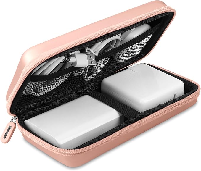iMangoo Travel Essential Electronics Organizer Charger Case, Shockproof Dual Zipper Power Bank Cables Tech Accessories Pouch Purse, Men & Women Travel Must Have Storage Bag, 8.5x4.5x2 inch Rose Gold