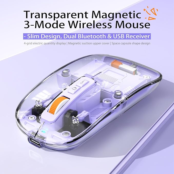 Creative Transparent Slim Wireless Mouse - Magnetic Cover, 3-Mode (Dual Bluetooth + USB), Rechargeable, One-Click Desktop, for MacBook/pc/iPad/Laptop (Purple)