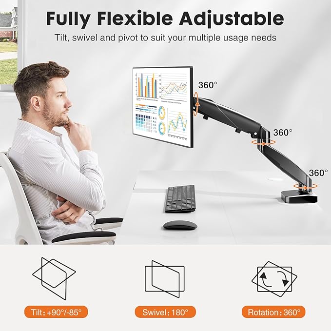 Simple Deluxe Single Monitor Arm, 13" to 32" Adjustable Desk Monitor Stand Mount, Black