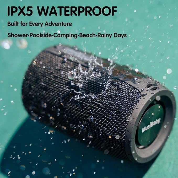 MusiBaby M68 Portable Bluetooth Speaker – Wireless Waterproof Sound for Home and Outdoor Use – Deep Bass, Dual Pairing, 24H Playtime, Compact Design (Black)