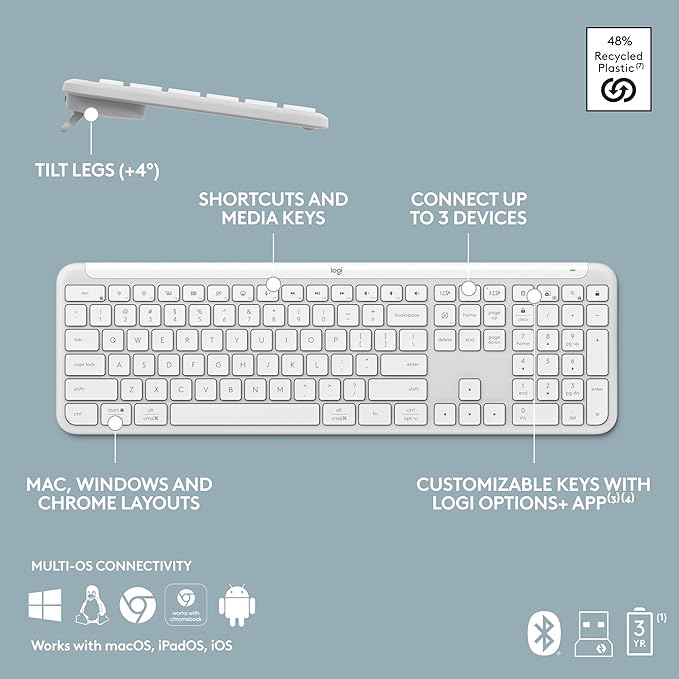 Logitech Signature Slim K950 Wireless Keyboard, Sleek Design, Switch Typing Between Devices, Quiet Typing, Bluetooth, Multi-OS, Windows, Mac, Chrome - Off-White